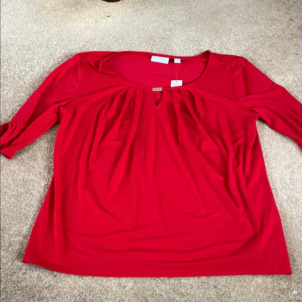 New York & Company Red Ruched 3/4 Sleeve Blouse